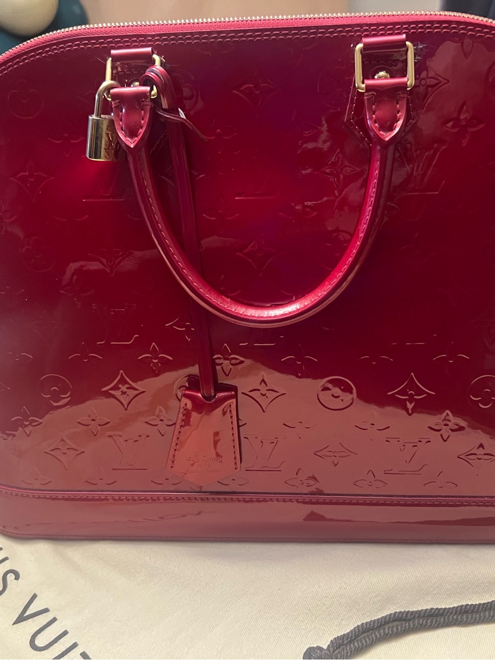 Louis Vuitton Red Vernis Alma Satchel with Gold Hardware